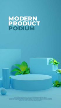 بنر لایه باز PSD پودیوم محصول سه بعدی آبی و گیاه